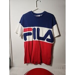 FILA Spellout Logo T Shirt Men's S Red White Blue Colorblock Short Sleeve Crew